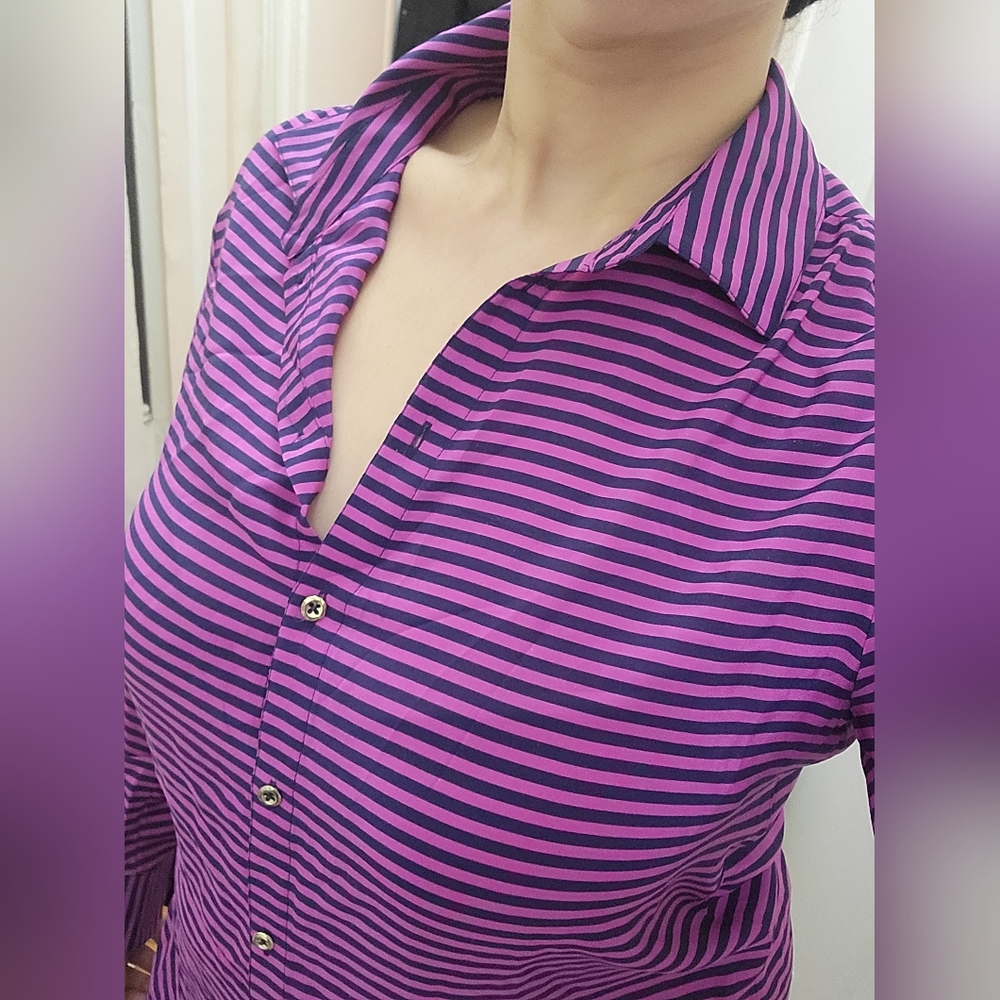 Banana Republic 100% Silk Striped Top Magenta &‎ Navy Corporate  Preppy Nautical - Picture 4 of 8